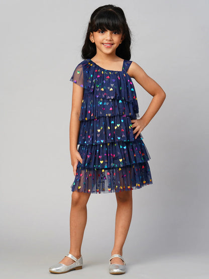 Glam Up Girls Navy Tiered Shimmer Party Dress - Kee&Ka