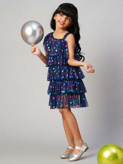 Glam Up Girls Navy Tiered Shimmer Party Dress - Kee&Ka
