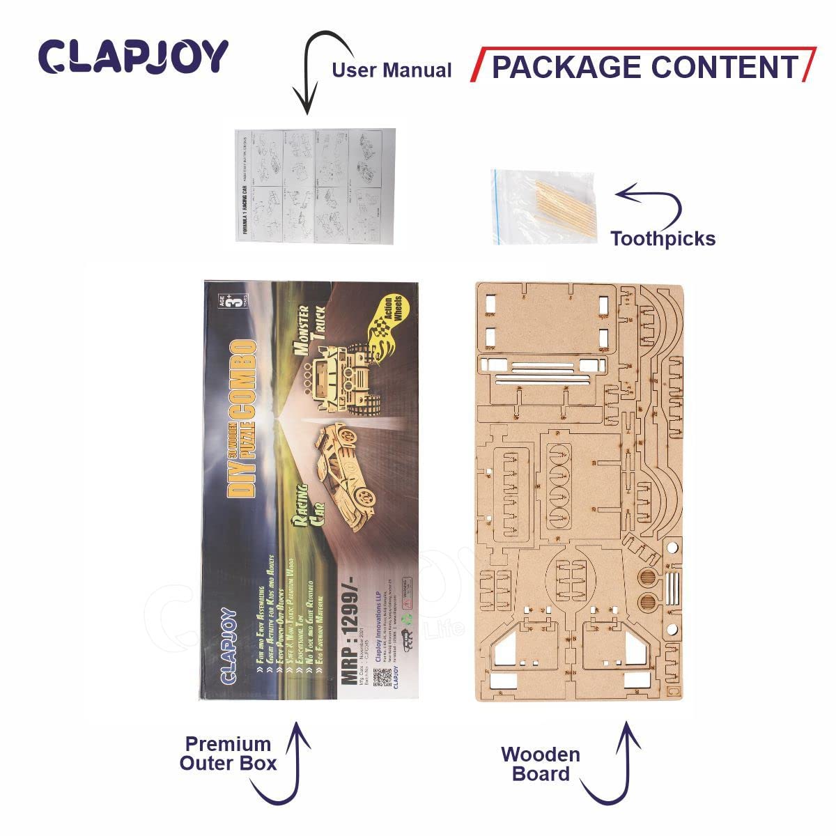 Clapjoy 3D Wooden Puzzle Monster Truck and Racing Car Combo - Kee&Ka